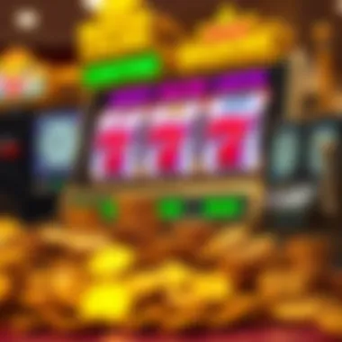 A pile of free coins next to a gold slot machine