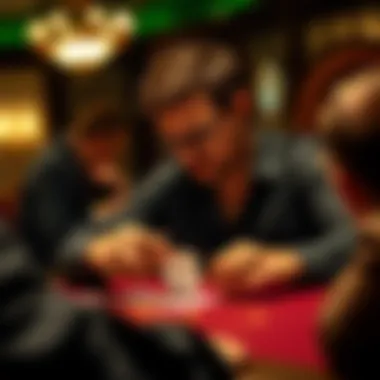 A player analyzing cards on a poker table with concentration