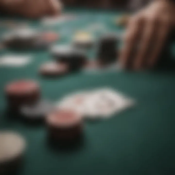 Close-up of blackjack table with cards and chips