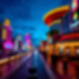 A panoramic view of the bustling Lake Charles casino strip showcasing vibrant lights and architecture