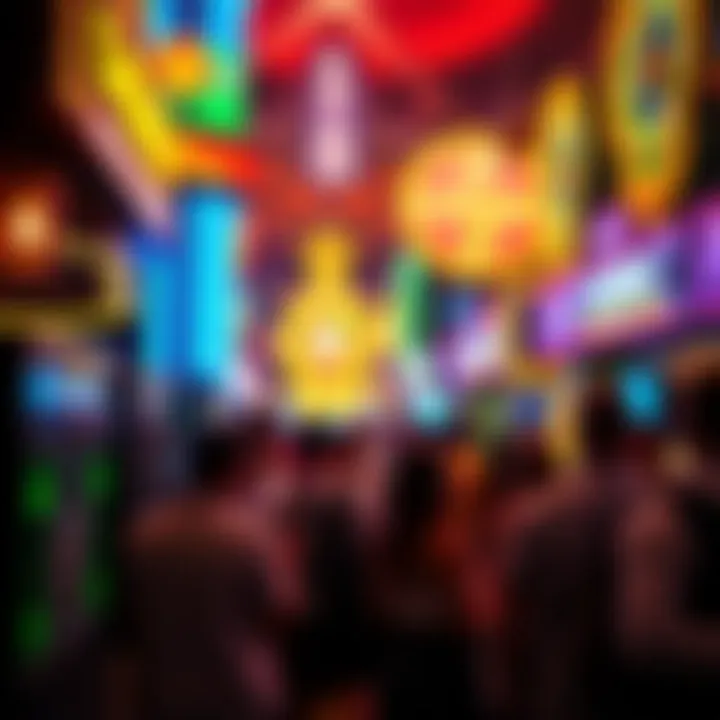 The vibrant nightlife at a popular casino, with illuminated signs and excited visitors