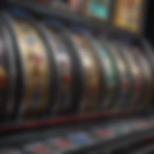 An intricate close-up of a slot machine's reels in motion, showcasing colorful symbols and lights.