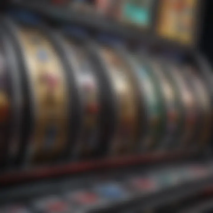 An intricate close-up of a slot machine's reels in motion, showcasing colorful symbols and lights.