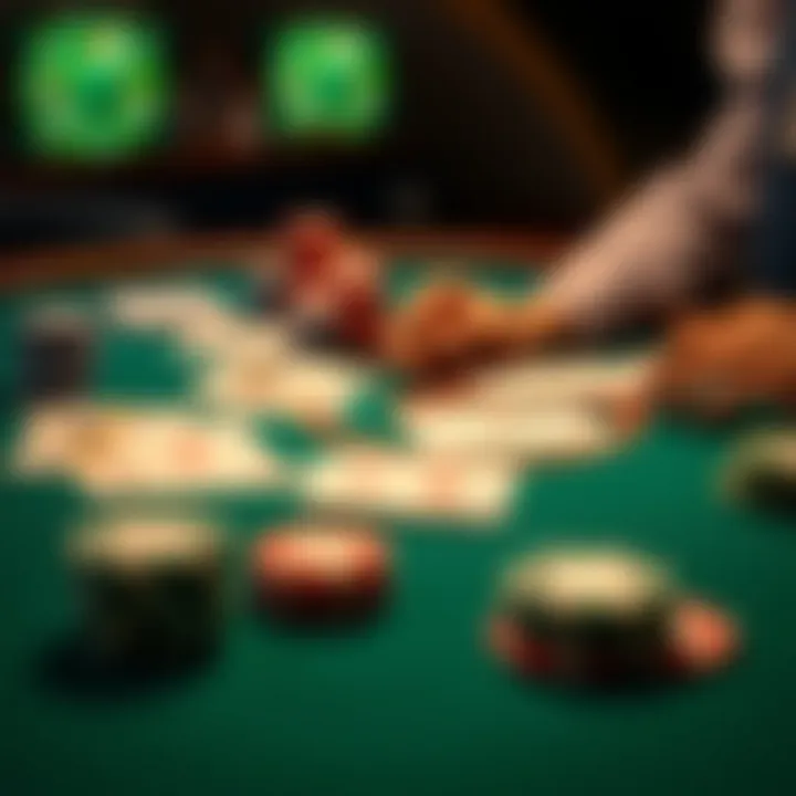 A strategic layout of cards and chips on a gaming table showcasing game mechanics
