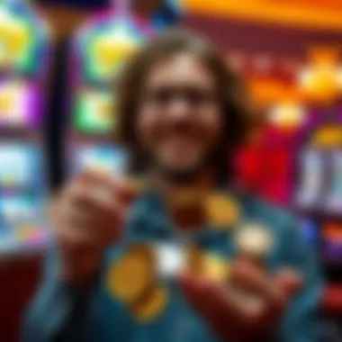 Enthusiastic Collector with Slot Machine Tokens Collector showcasing token collection in a vibrant setting