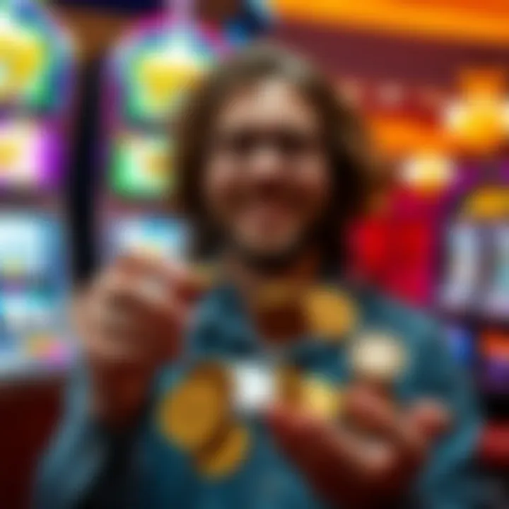 Enthusiastic Collector with Slot Machine Tokens Collector showcasing token collection in a vibrant setting