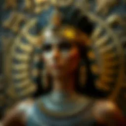 An artistic representation of Cleopatra surrounded by ancient Egyptian symbols.