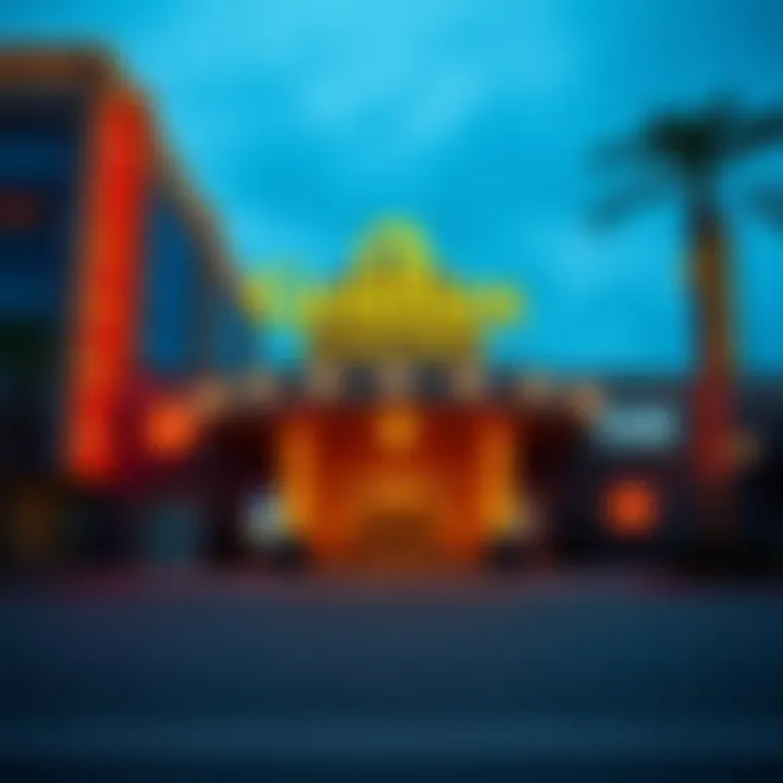 Exterior view of Goldies Casino showcasing its contemporary architecture and glowing signage at night.