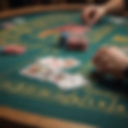 A close-up view of a blackjack table filled with chips and cards