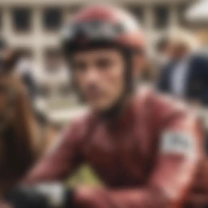 Close-up of a jockey strategizing before the race begins.