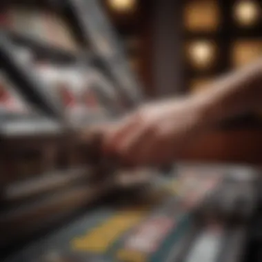 Close-up of a player's hand preparing to pull the lever of a classic slot machine