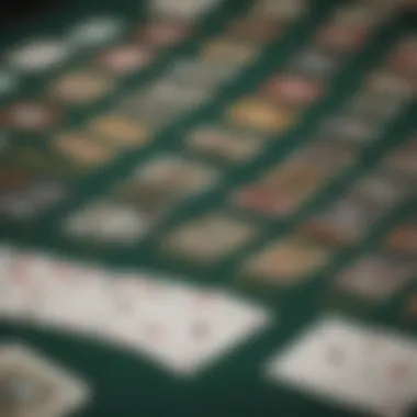 A detailed view of various casino checks laid out on a green felt table