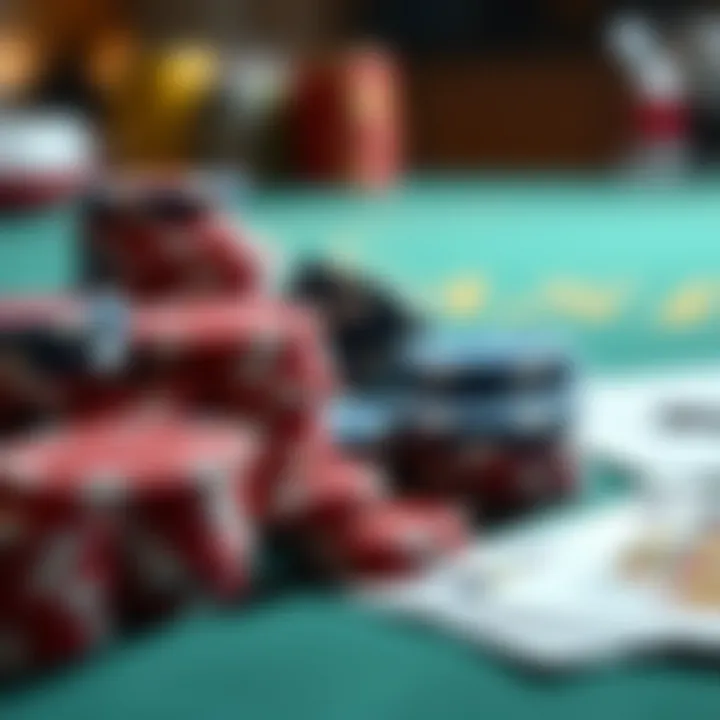 Close-up of poker chips and cards on a table