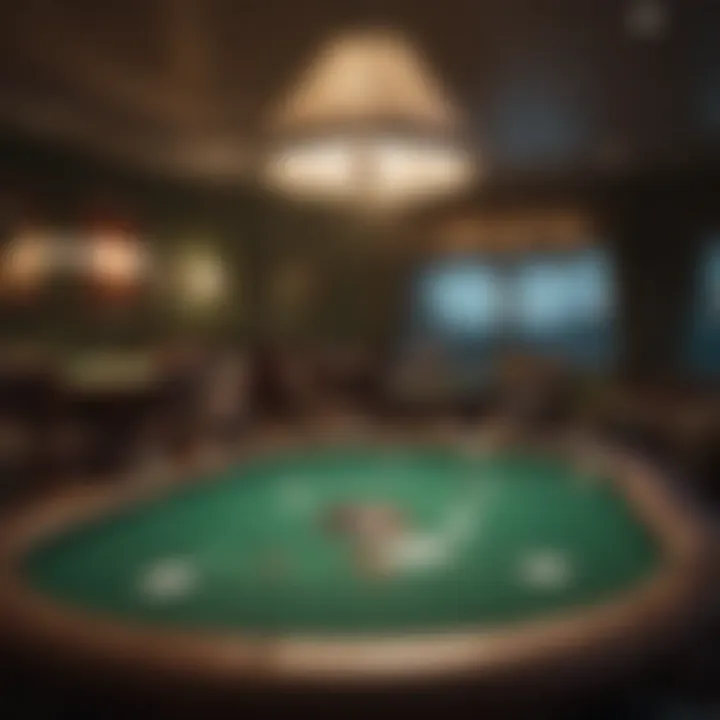 A well-lit room set up for a poker night, featuring a green felt poker table.