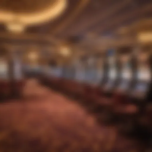 A panoramic view of a luxurious casino floor filled with vibrant gaming tables and slot machines