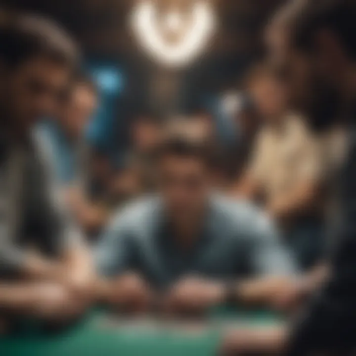 An intense moment during a Texas Hold'em poker tournament with players focused.