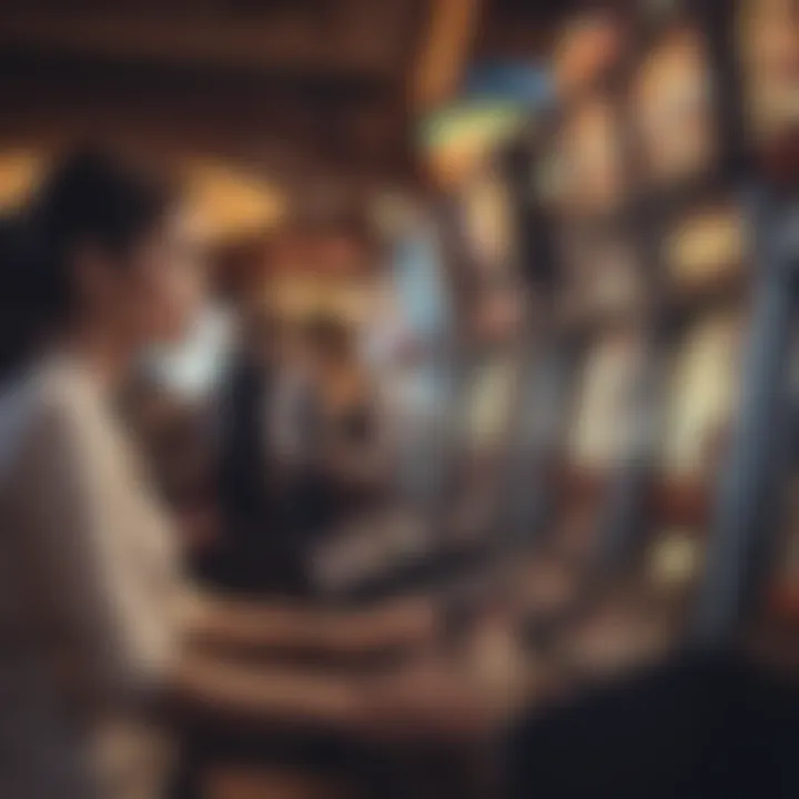 An engaging scene of players interacting around a slot machine in a casino setting